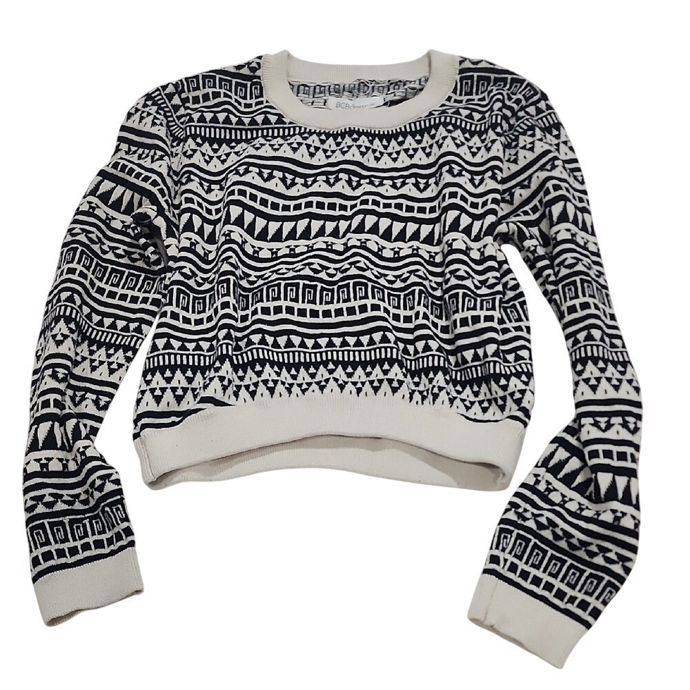 BCBGeneration Sweater Women XS/S Black White Tribal Geometric Boho Style aztec